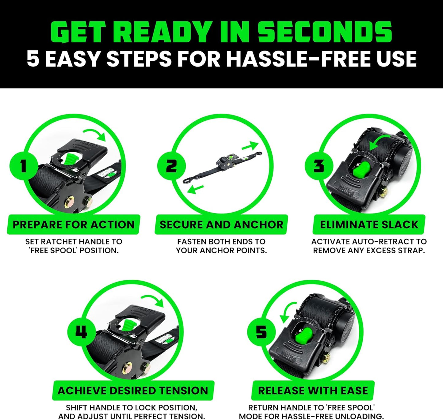 1" x 10' Retractable Ratchet Straps